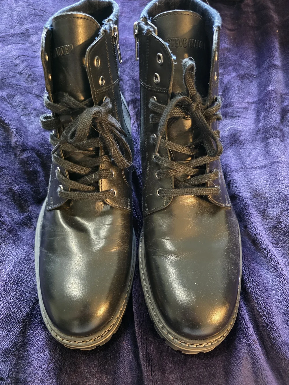 Steve Madden Men’s Black Leather Lace-Up Side-Zip Combat Boots Size 11
